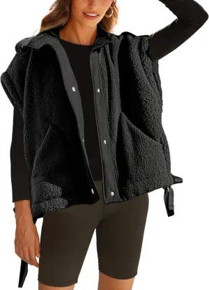 OPCAKM Women's Fuzzy Fleece Vest Oversized Sleeveless Sherpa Jacket Warm Button Down Gilet Outerwear with Pockets