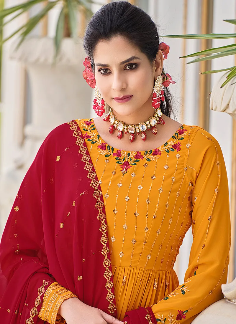 Orange And Red Sequence Embroidery Anarkali Palazzo Suit