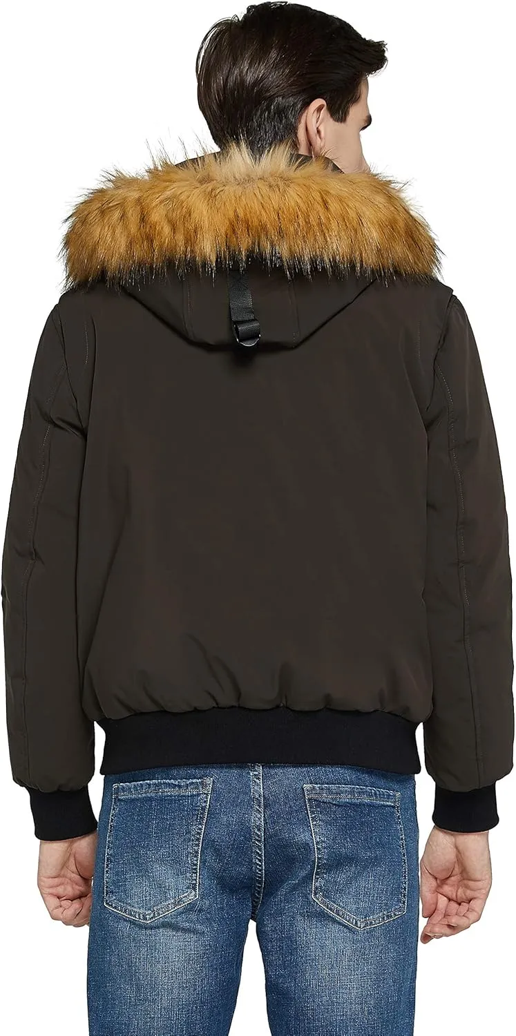 Orolay Men's Double Snap Winter Down Coat Bomber Jacket with Fur Hood 6 Pockets