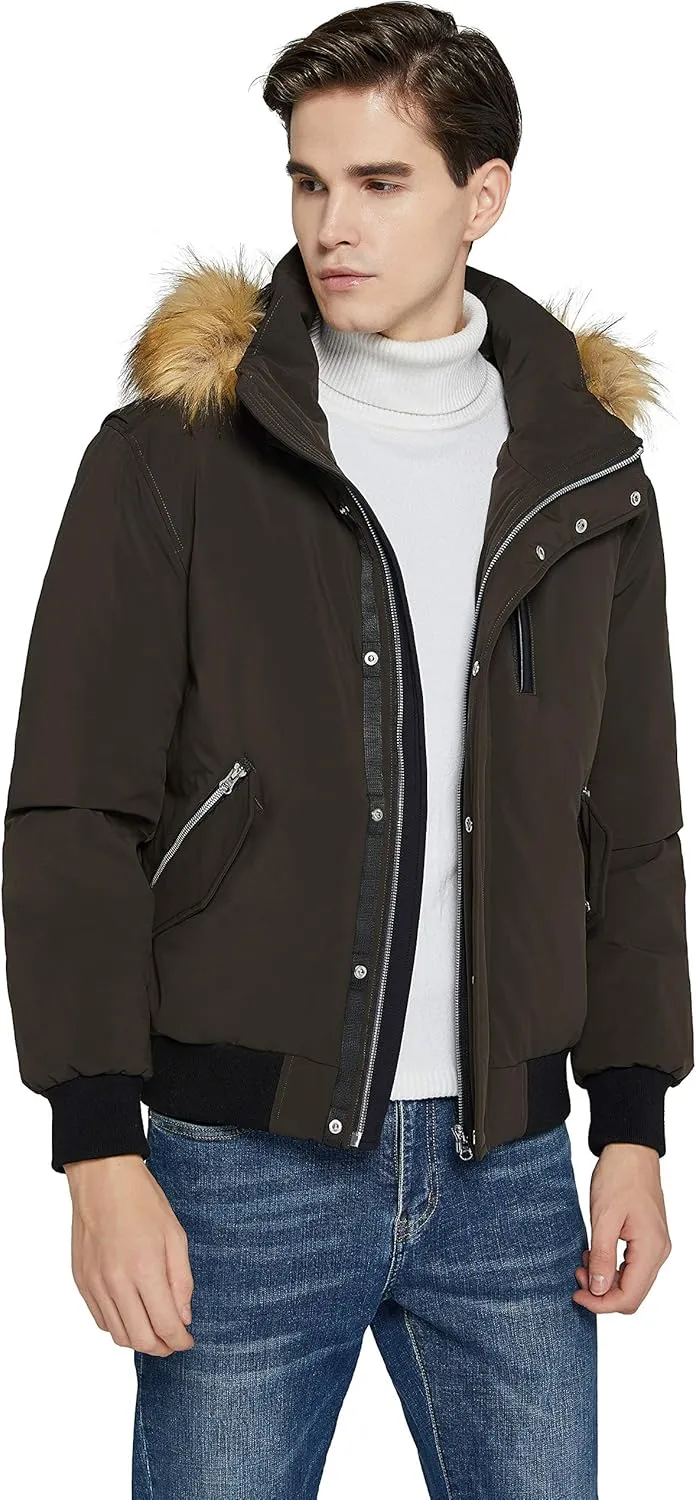 Orolay Men's Double Snap Winter Down Coat Bomber Jacket with Fur Hood 6 Pockets