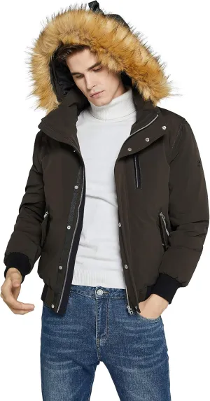 Orolay Men's Double Snap Winter Down Coat Bomber Jacket with Fur Hood 6 Pockets
