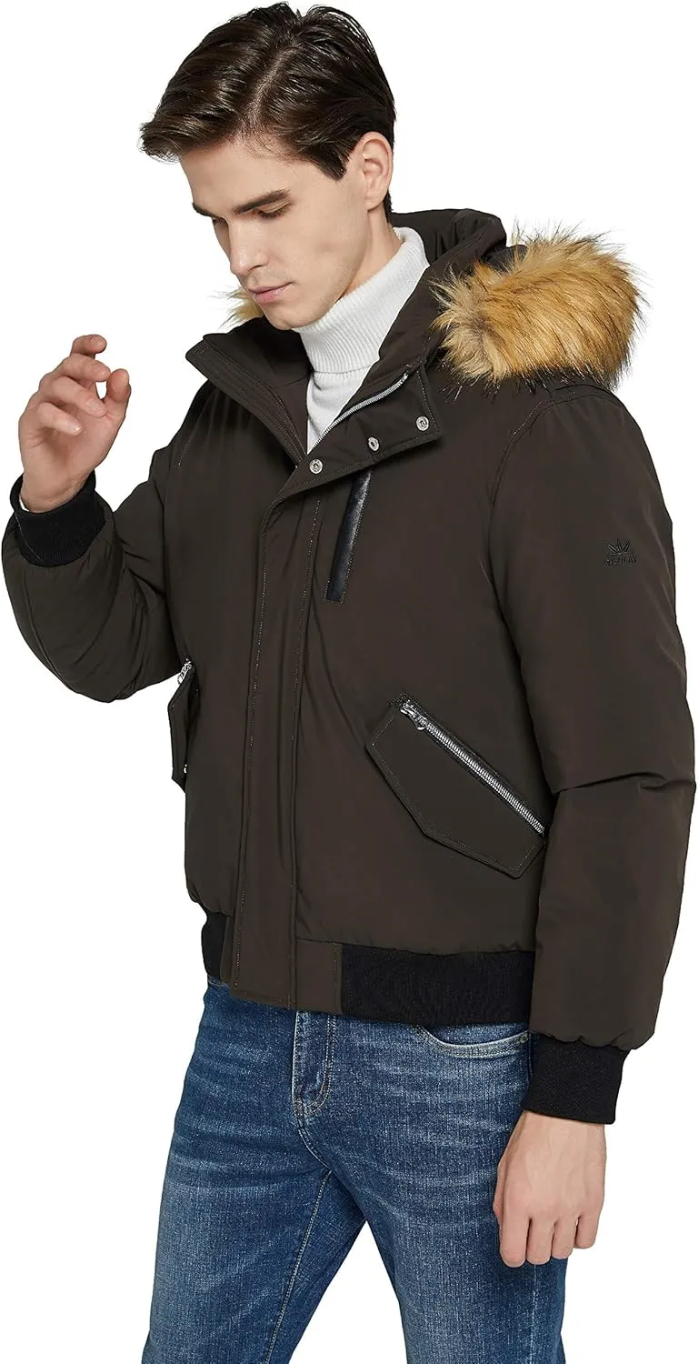 Orolay Men's Double Snap Winter Down Coat Bomber Jacket with Fur Hood 6 Pockets