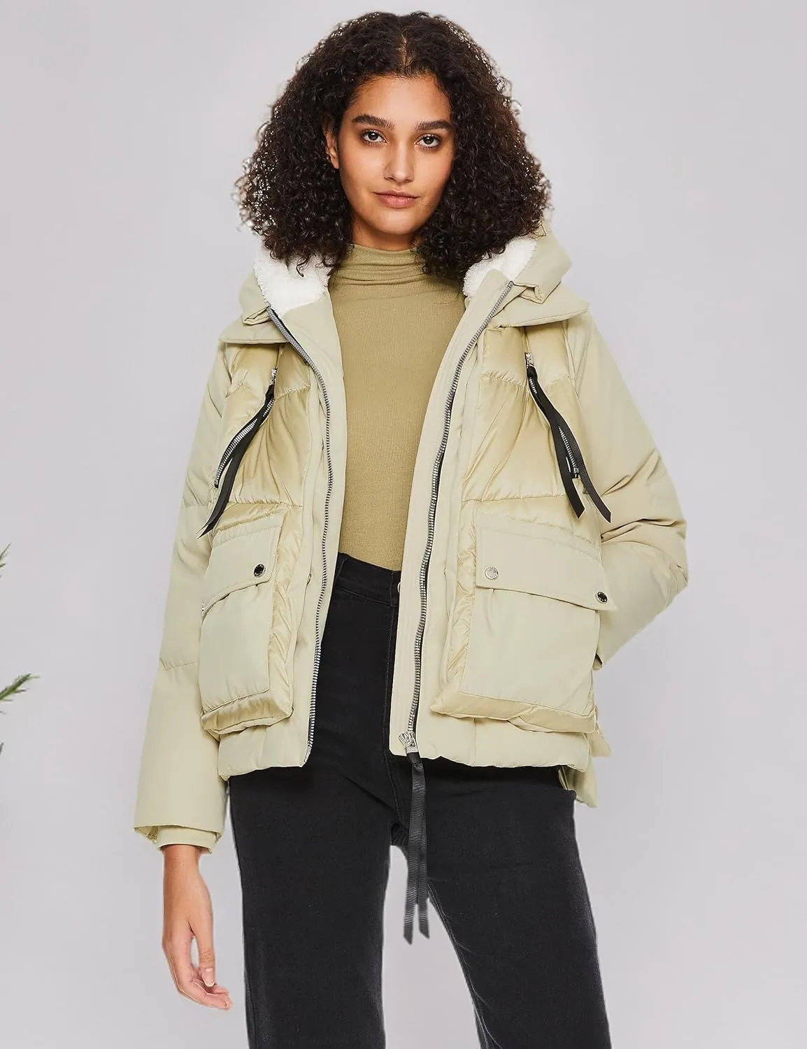 Orolay Women's Cropped Puffer Jacket - Patchwork Designed Down Coat Stand Collar Hooded Outerwear with Pockets