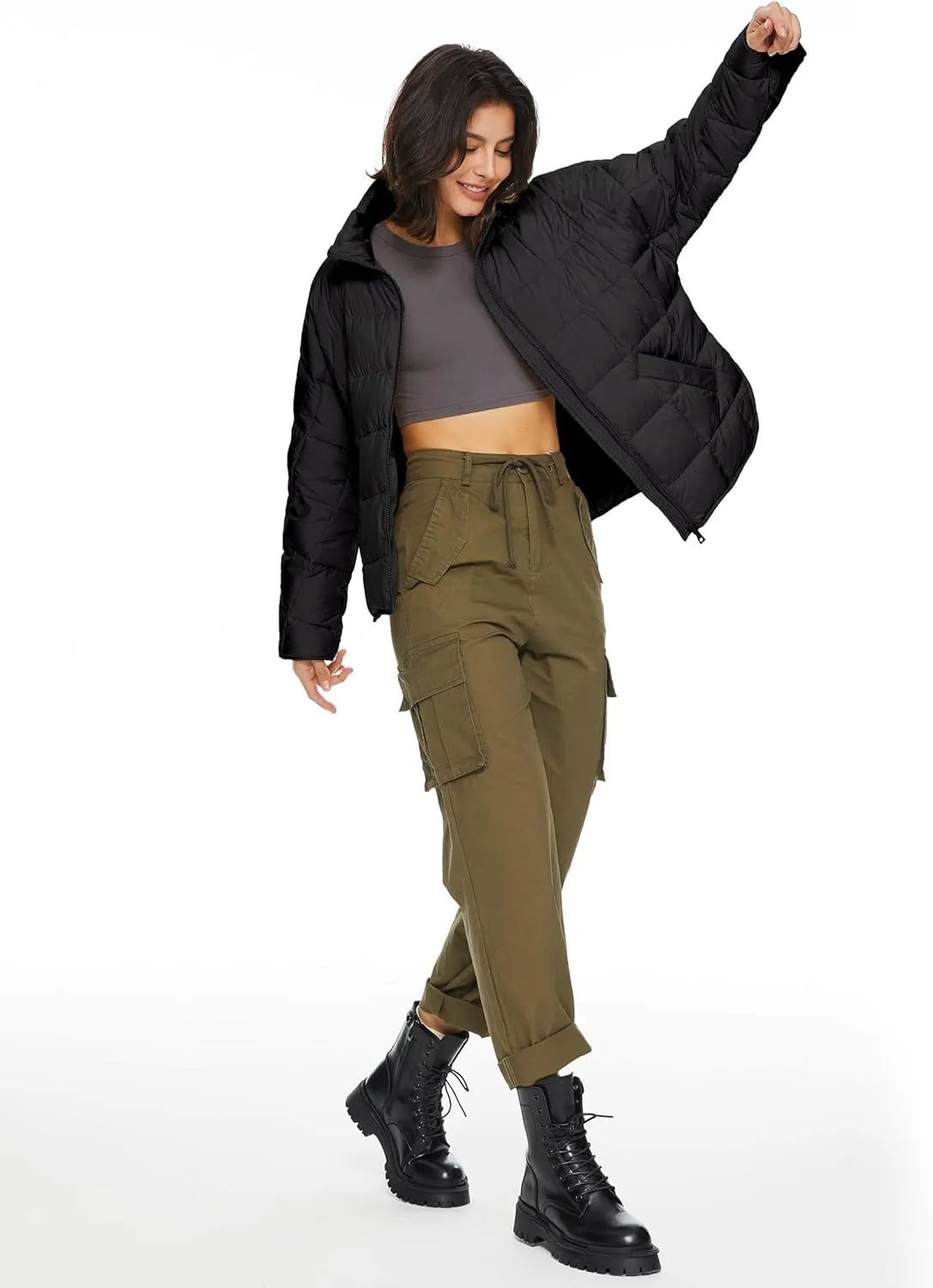 Orolay Women's Cropped Puffer Jacket Quilted Lightweight Oversized Down Coat Zip Up Spring Short Padded Outwear