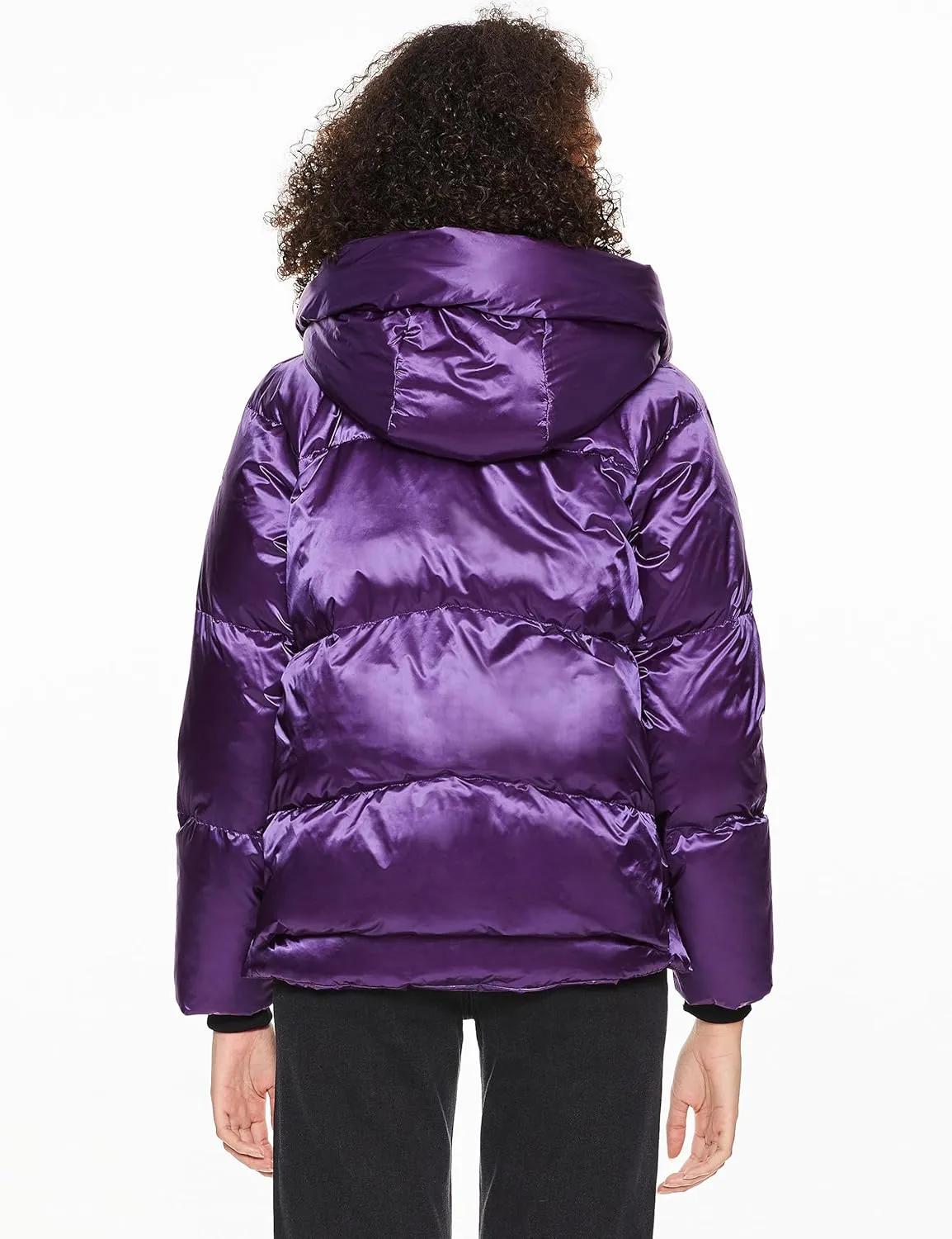 Orolay Women's Metallic Down Jacket Short Cropped Puffer Jacket Full-zip Water-resistant Outerwear with Fleece-lined Hood