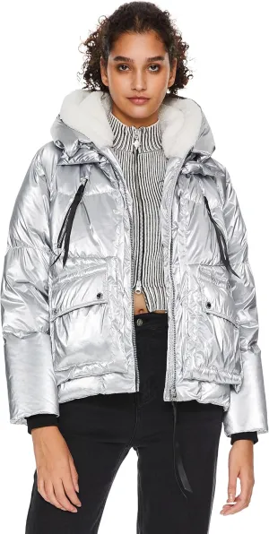 Orolay Women's Metallic Down Jacket Short Cropped Puffer Jacket Full-zip Water-resistant Outerwear with Fleece-lined Hood