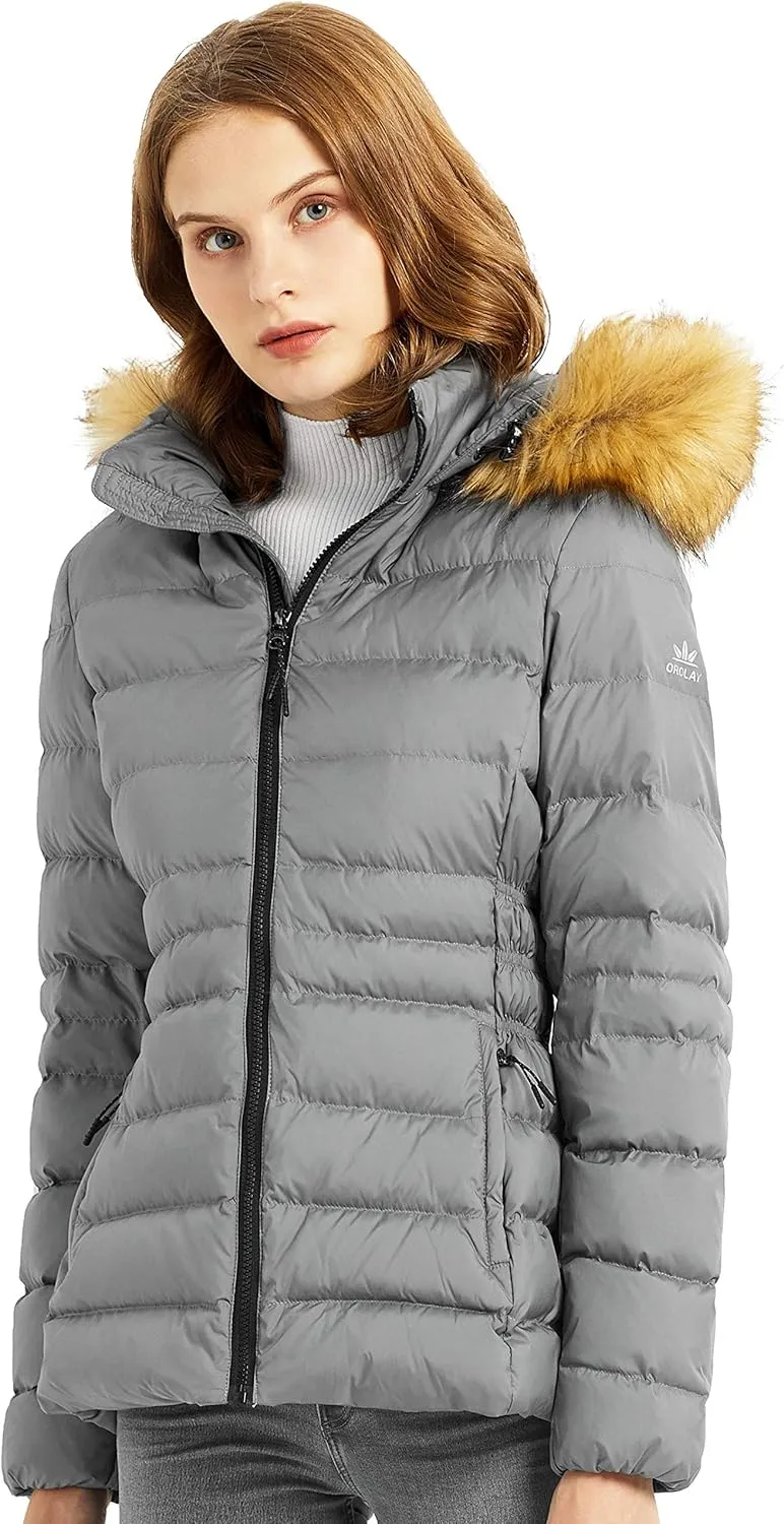 Orolay Women's Winter Down Coat Inner Pocket Snap Puffer Jacket with Fur Hood