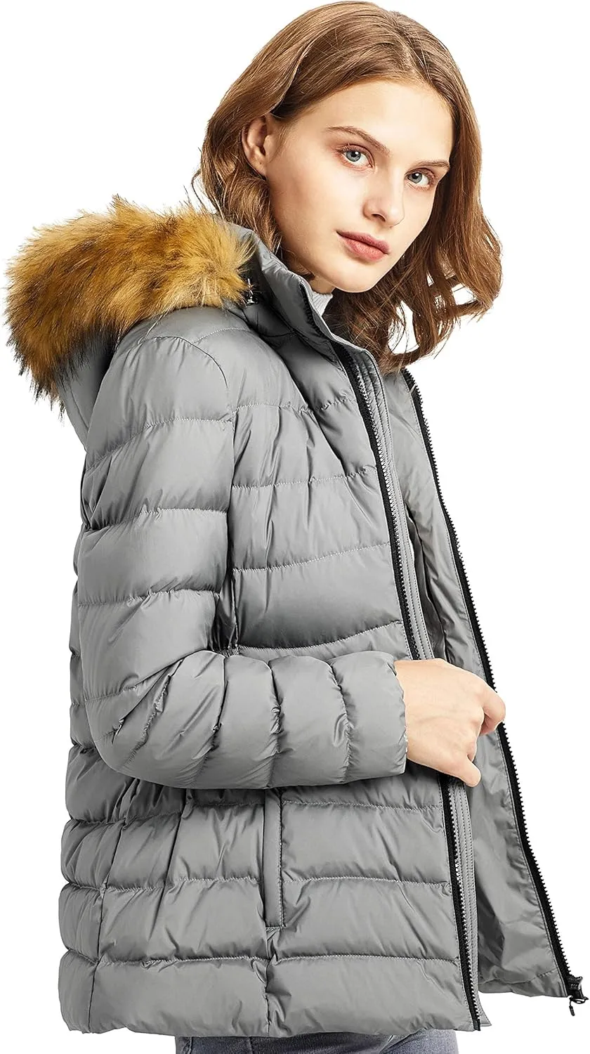 Orolay Women's Winter Down Coat Inner Pocket Snap Puffer Jacket with Fur Hood