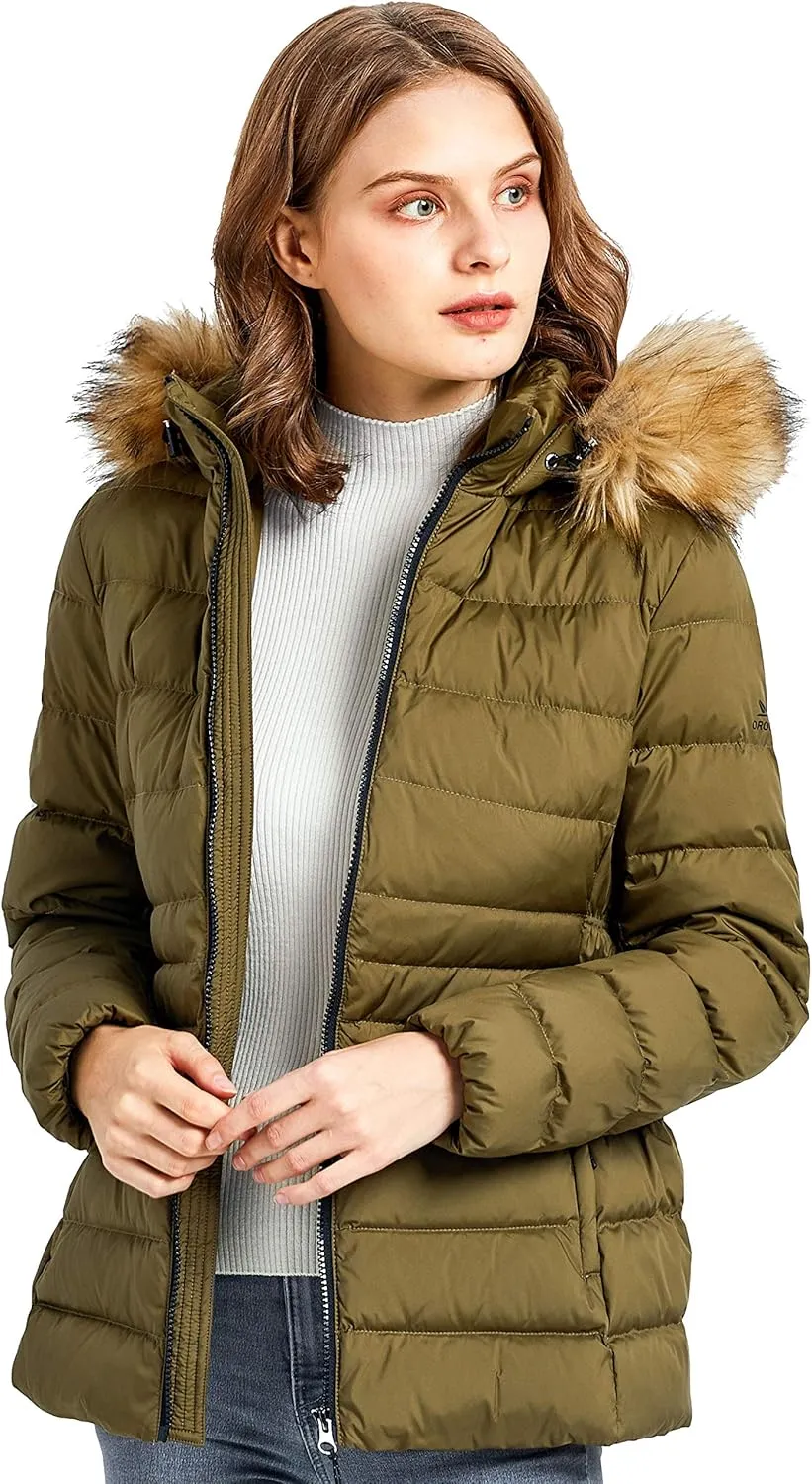 Orolay Women's Winter Down Coat Inner Pocket Snap Puffer Jacket with Fur Hood