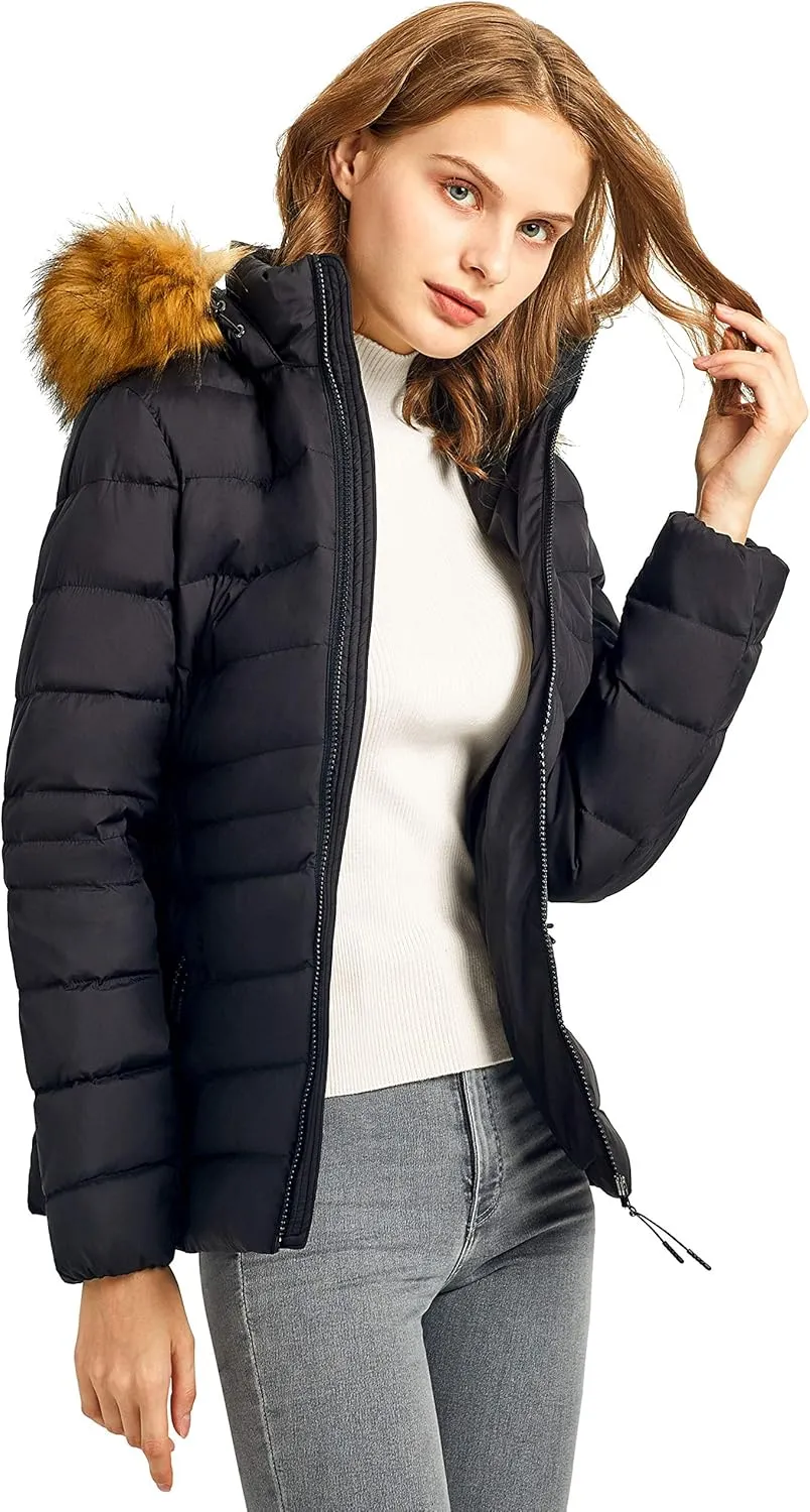 Orolay Women's Winter Down Coat Inner Pocket Snap Puffer Jacket with Fur Hood