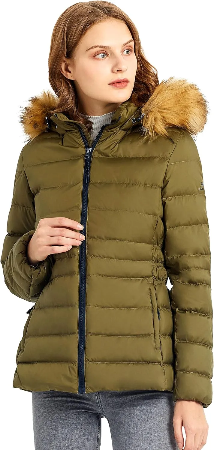 Orolay Women's Winter Down Coat Inner Pocket Snap Puffer Jacket with Fur Hood
