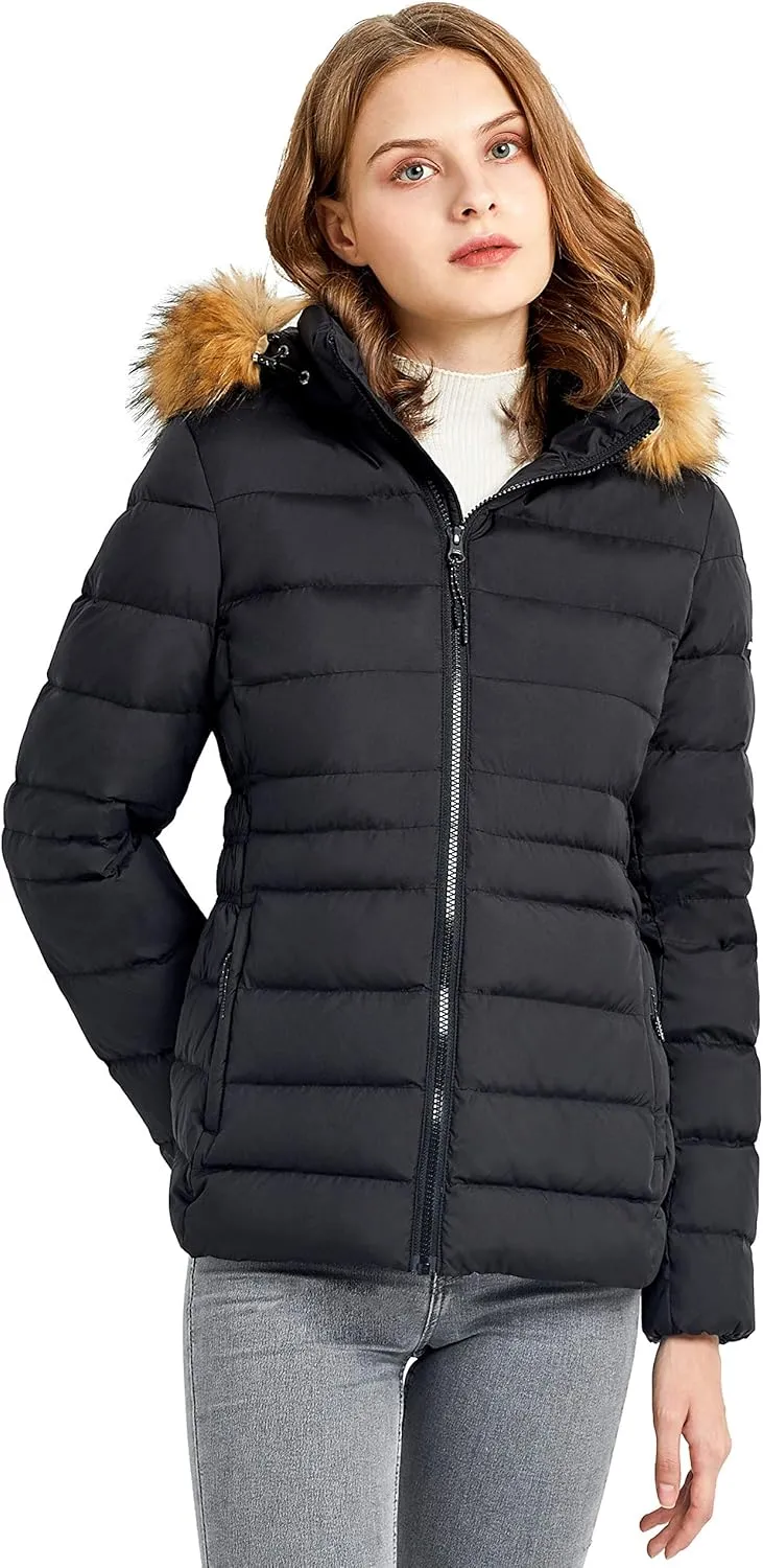 Orolay Women's Winter Down Coat Inner Pocket Snap Puffer Jacket with Fur Hood