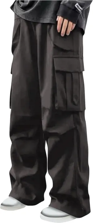 Outdoor Trousers for Men Casual Fashion Stretch Drawstring Pants Solid Color Loose Fit Comfy Pant with Multi Pockets