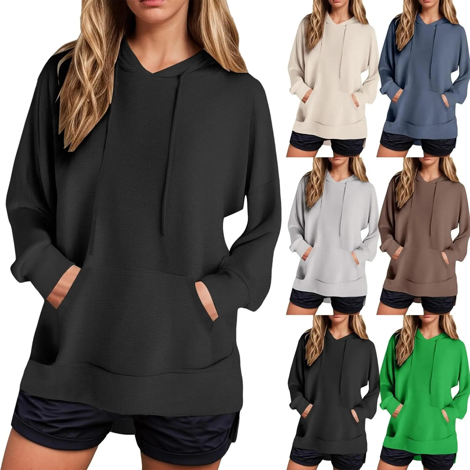 Oversized Hoodies for Women Waffle Knit Casual Long Sleeve Drawstring Side Slit Pullover Sweatshirt with Pocket