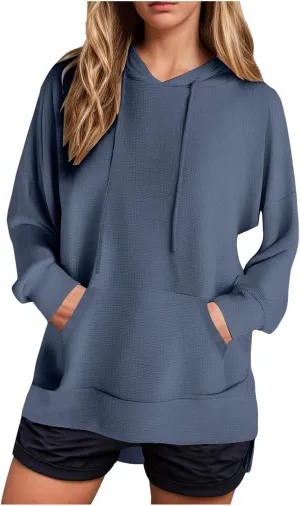 Oversized Hoodies for Women Waffle Knit Casual Long Sleeve Drawstring Side Slit Pullover Sweatshirt with Pocket