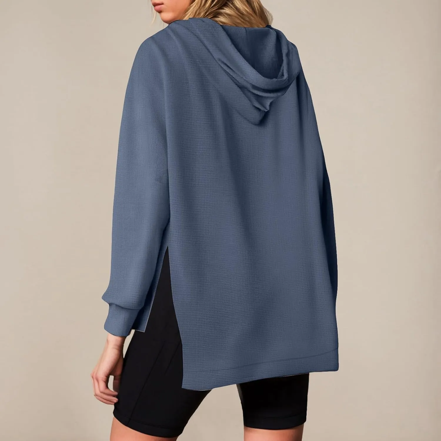 Oversized Hoodies for Women Waffle Knit Casual Long Sleeve Drawstring Side Slit Pullover Sweatshirt with Pocket