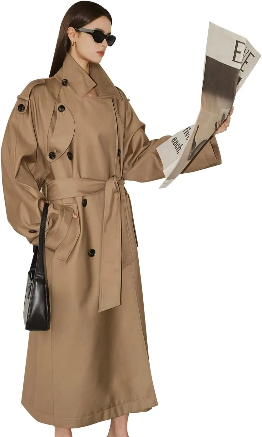 Oversized Long Womens Trench Coats Double-Breasted Duster Coat Windbreaker Overcoat for Women Spring Fall Outerwear