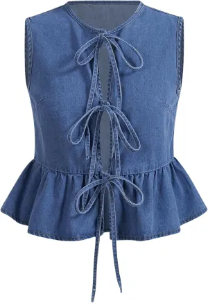 OYOANGLE Women's Plus Size Denim Tie Front Vest Sleeveless Crew Neck Ruffle Hem Jean Jackets
