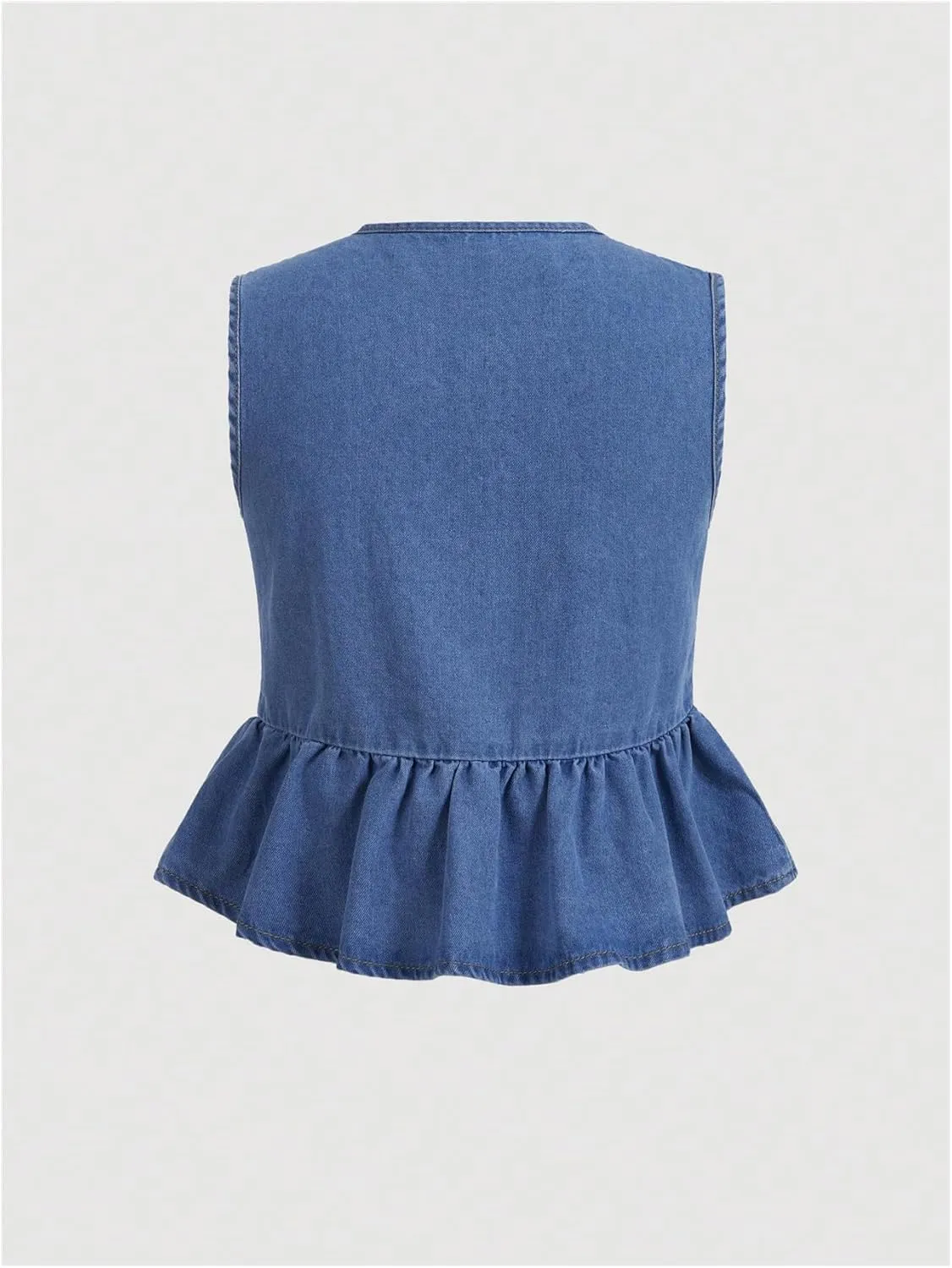 OYOANGLE Women's Plus Size Denim Tie Front Vest Sleeveless Crew Neck Ruffle Hem Jean Jackets