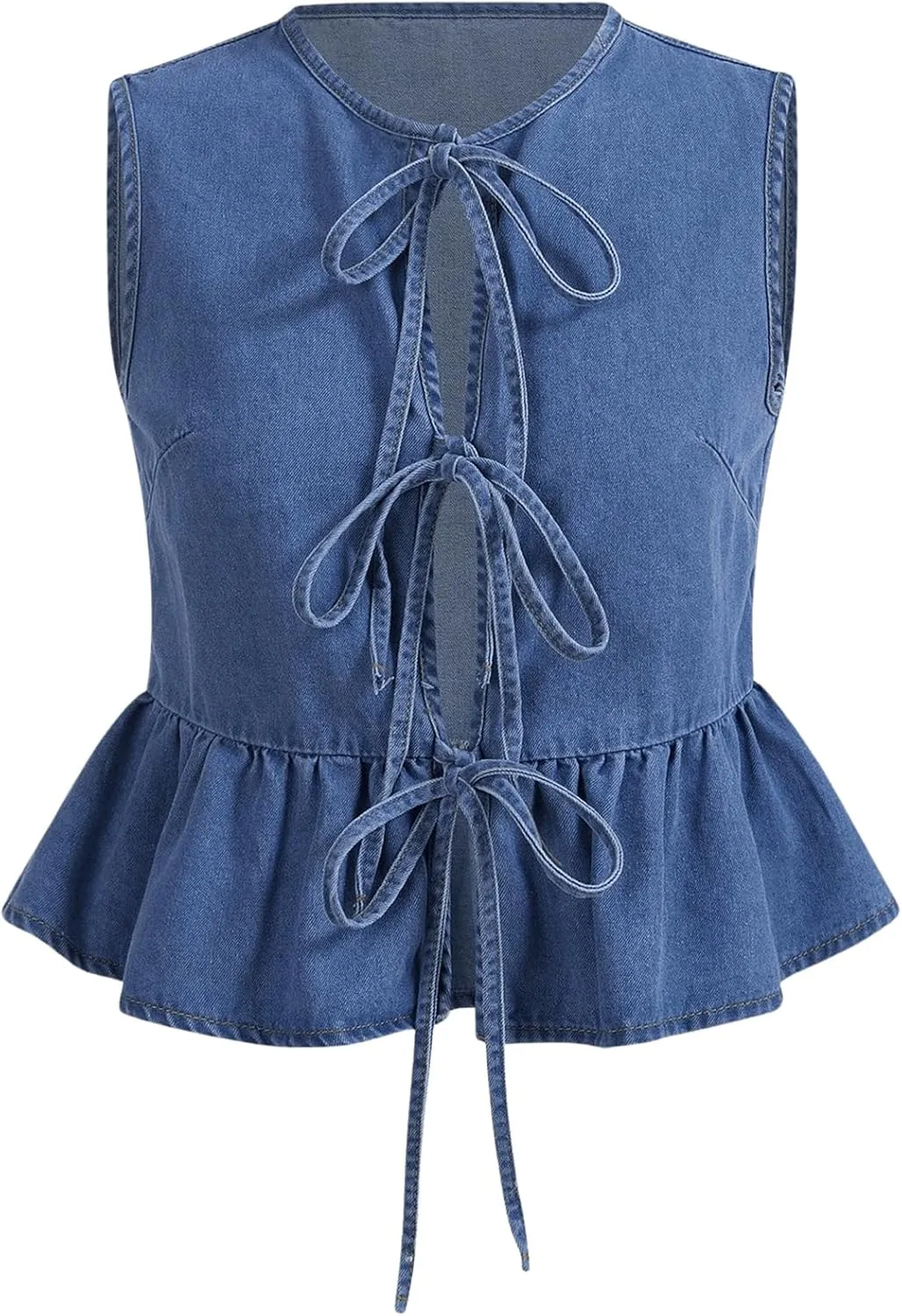 OYOANGLE Women's Plus Size Denim Tie Front Vest Sleeveless Crew Neck Ruffle Hem Jean Jackets