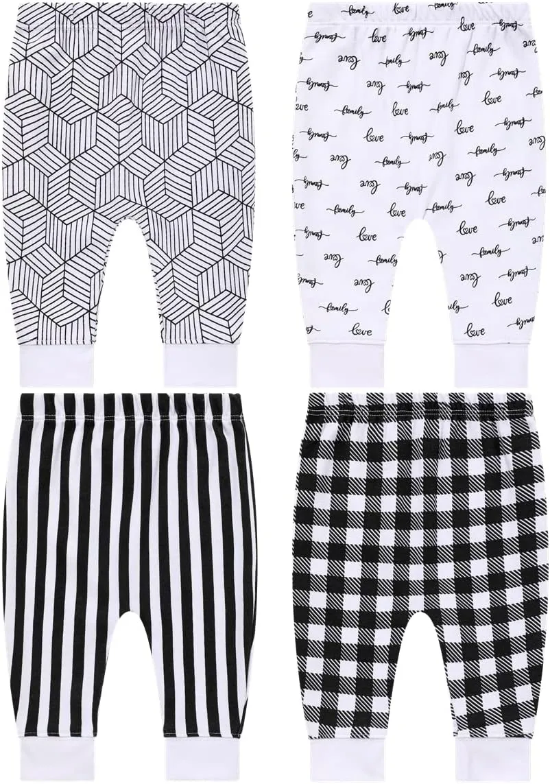 Pack of 4 Baby Jogger Pants - Soft Cotton Pants for Boys and Girls - Unisex Cute Color Designs for Infants