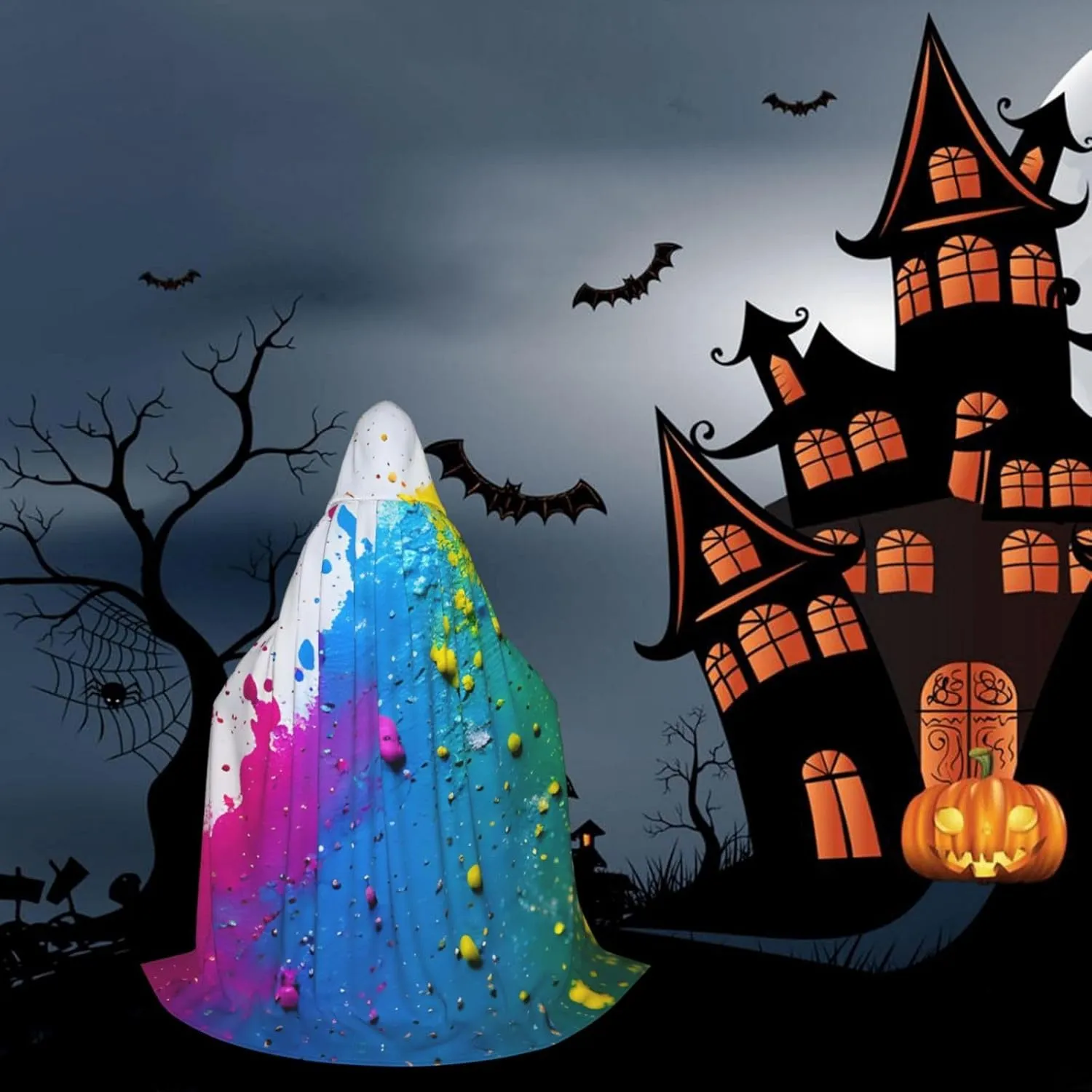 Paint Splatter Backdrop Hooded Cloak Coat Winter Warm Long Cloak Cosplay Costumes Outerwear Carnivals Hoodies Capes