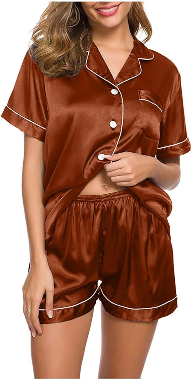 Pajama Set 2024 Fashion Womens Silk Short Sleeve V Neck Shirt with Long Pant Soft Loungewear Pjs Set