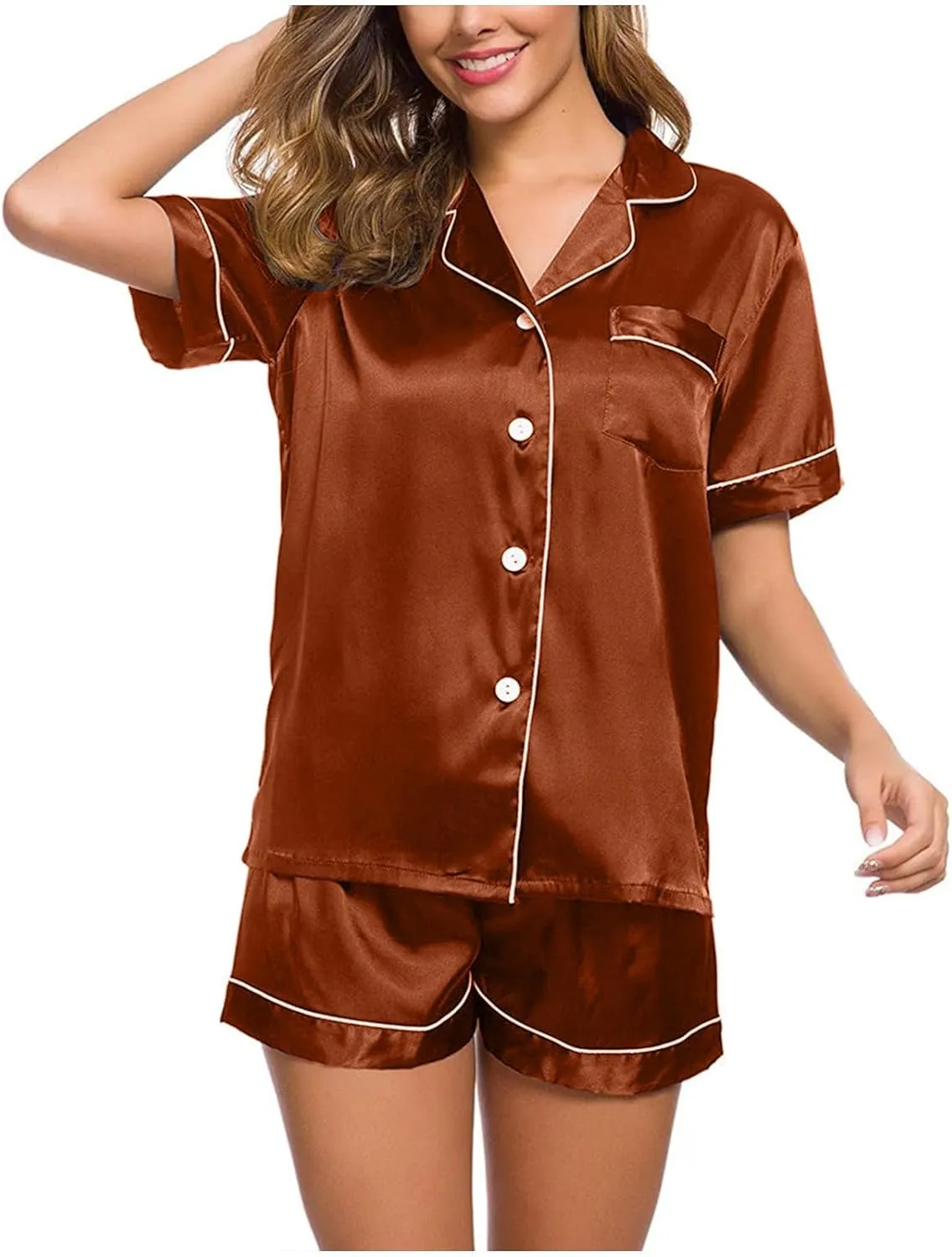 Pajama Set 2024 Fashion Womens Silk Short Sleeve V Neck Shirt with Long Pant Soft Loungewear Pjs Set