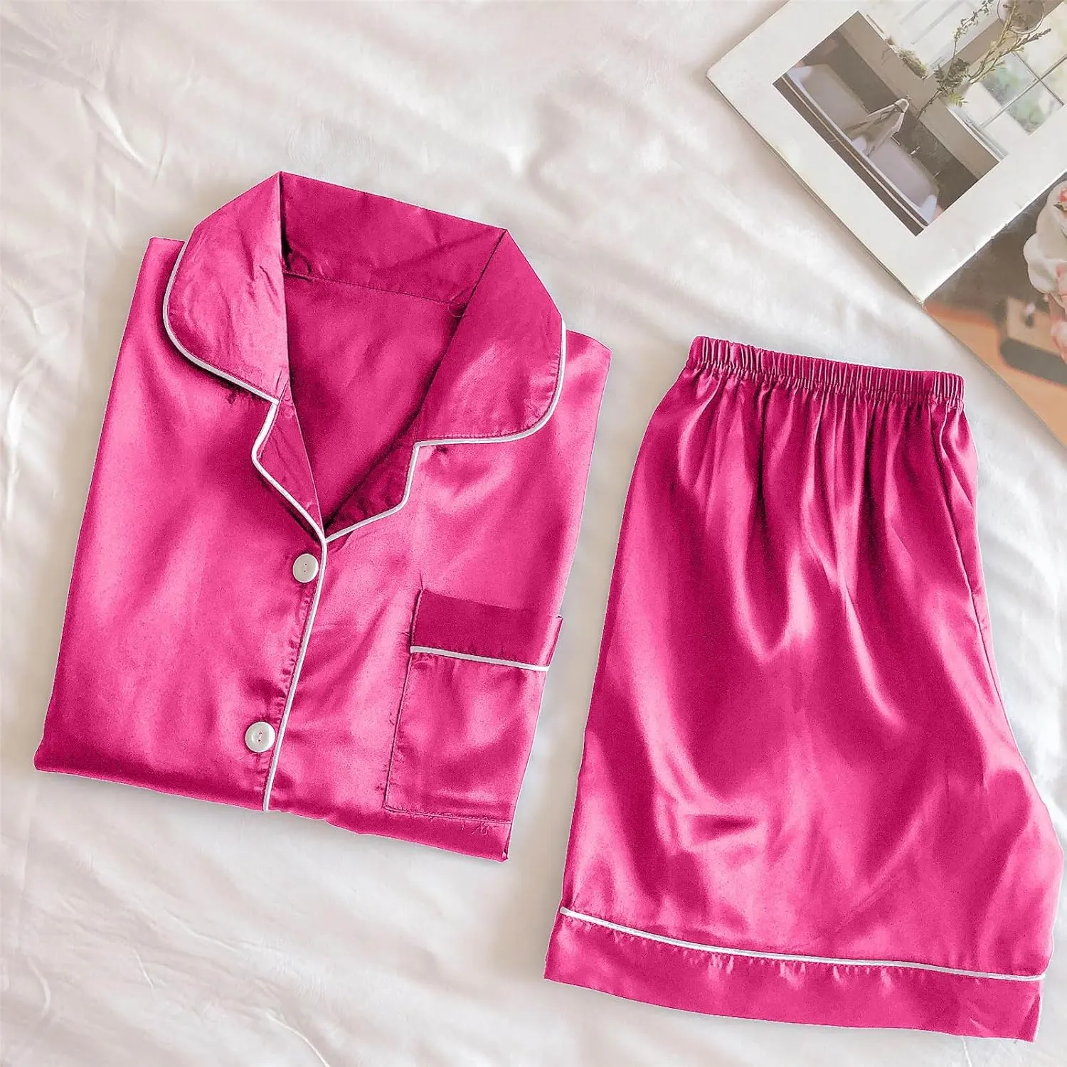 Pajama Set 2024 Fashion Womens Silk Short Sleeve V Neck Shirt with Long Pant Soft Loungewear Pjs Set