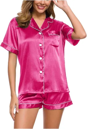 Pajama Set 2024 Fashion Womens Silk Short Sleeve V Neck Shirt with Long Pant Soft Loungewear Pjs Set