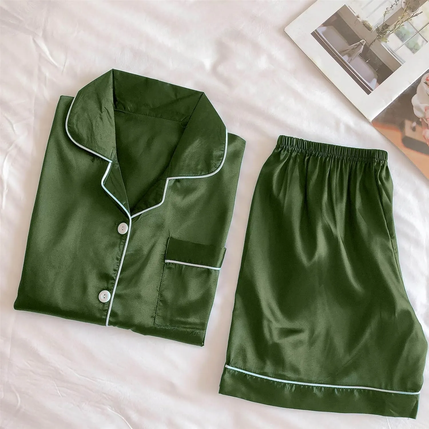 Pajama Set 2024 Fashion Womens Silk Short Sleeve V Neck Shirt with Long Pant Soft Loungewear Pjs Set