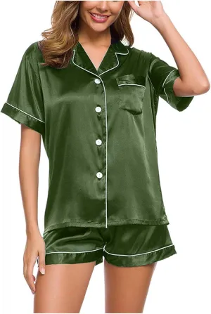 Pajama Set 2024 Fashion Womens Silk Short Sleeve V Neck Shirt with Long Pant Soft Loungewear Pjs Set