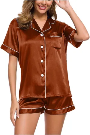 Pajama Set 2024 Fashion Womens Silk Short Sleeve V Neck Shirt with Long Pant Soft Loungewear Pjs Set