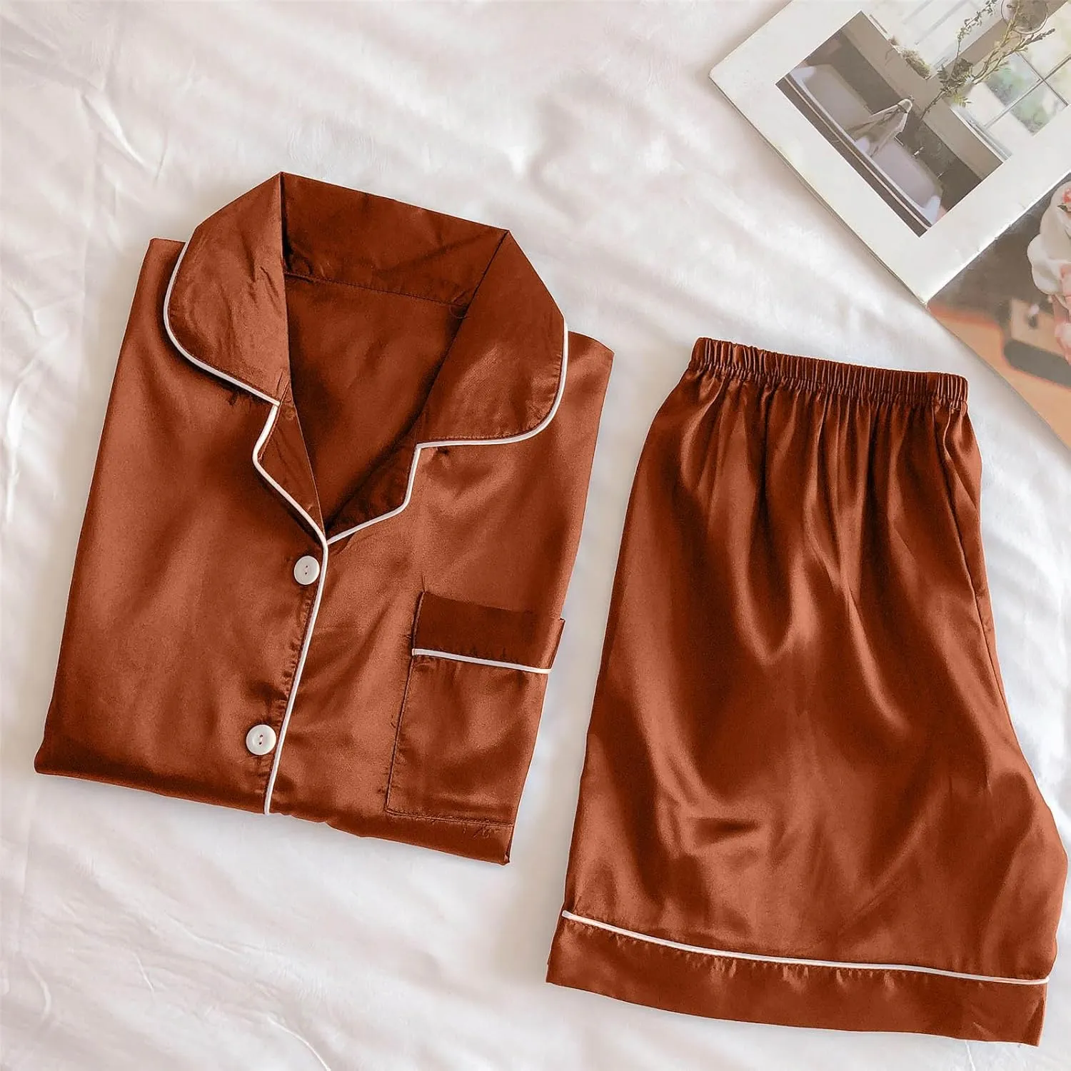 Pajama Set 2024 Fashion Womens Silk Short Sleeve V Neck Shirt with Long Pant Soft Loungewear Pjs Set