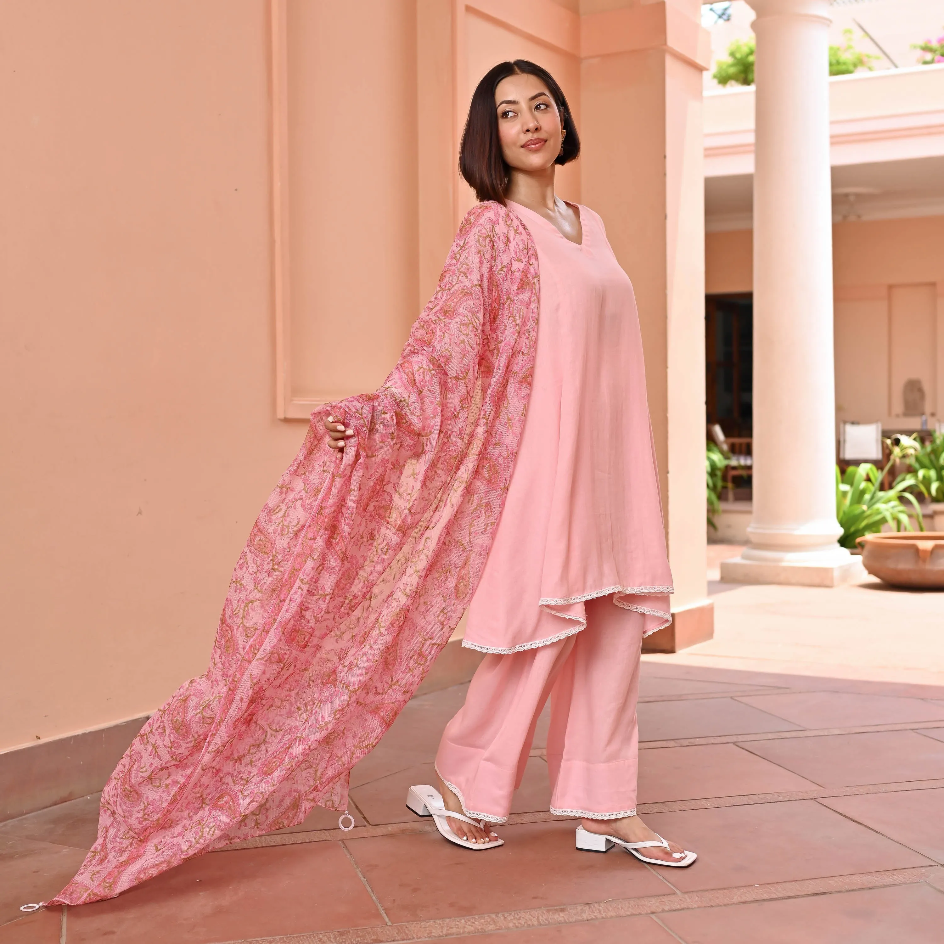 Pink Suit With Printed Dupatta