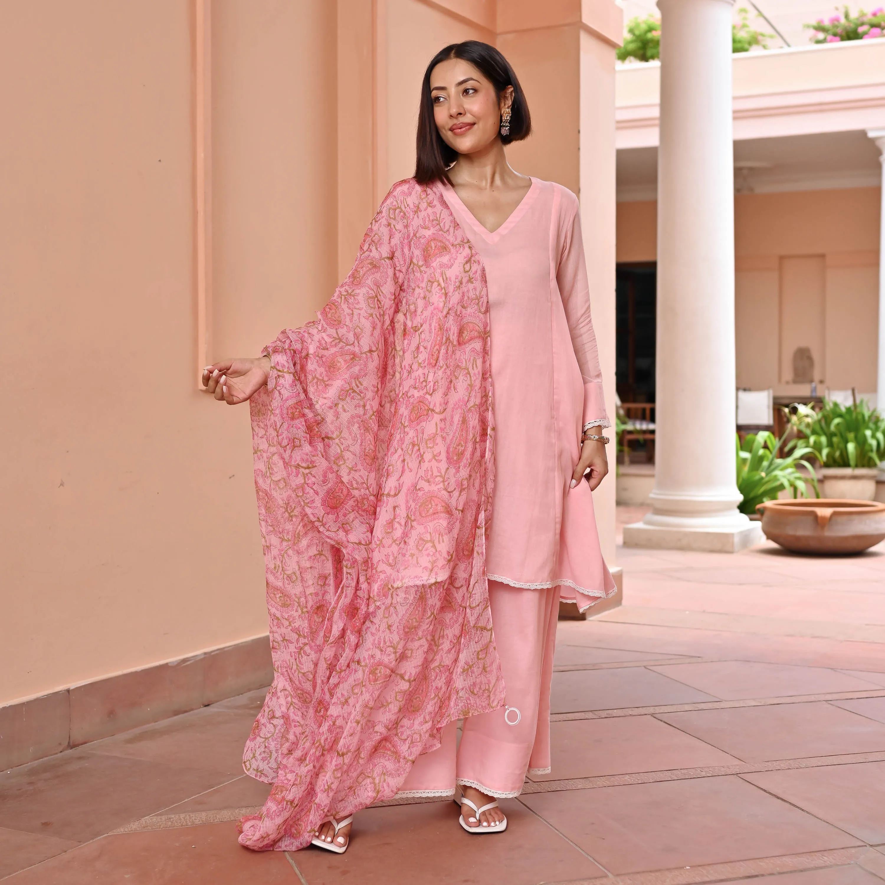 Pink Suit With Printed Dupatta