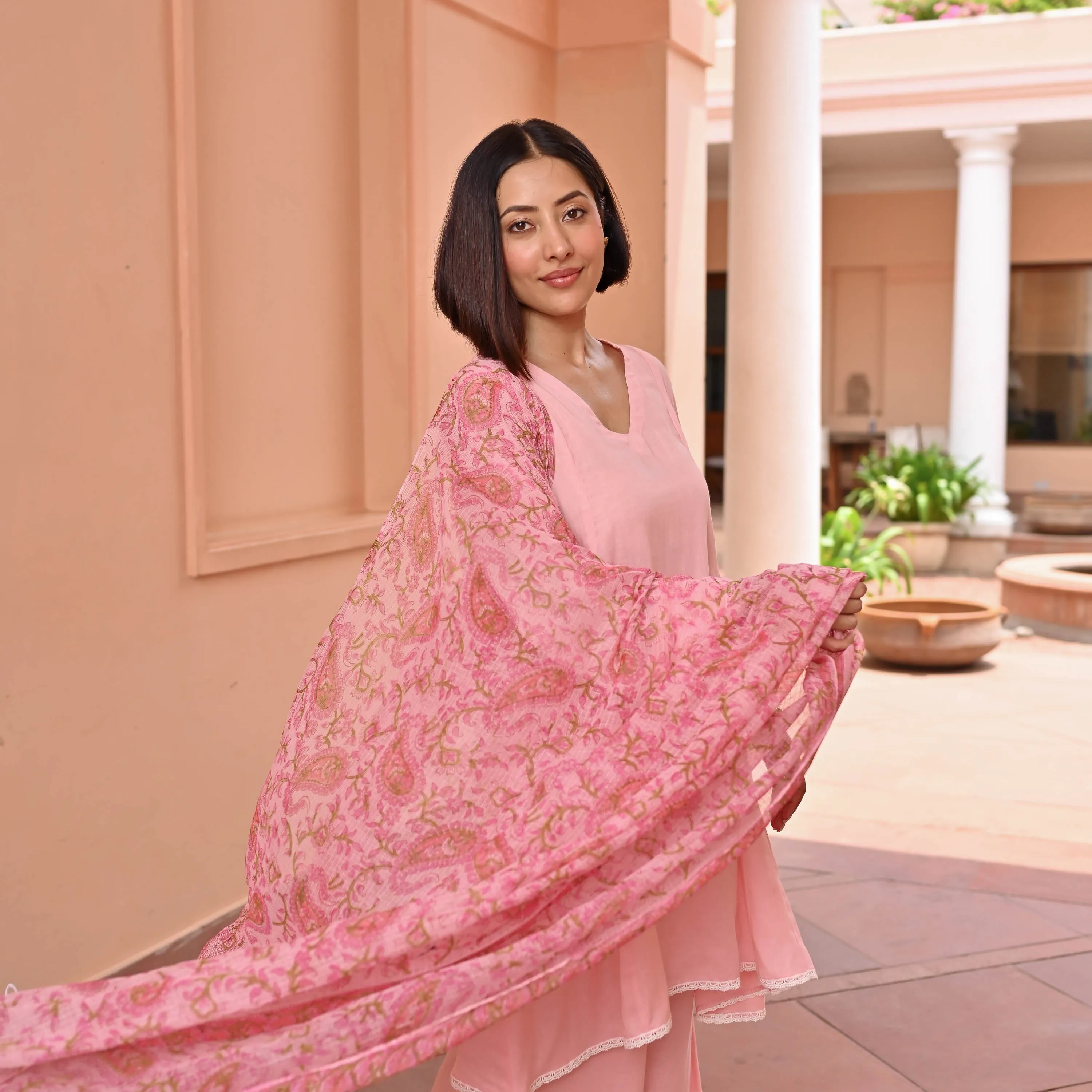 Pink Suit With Printed Dupatta