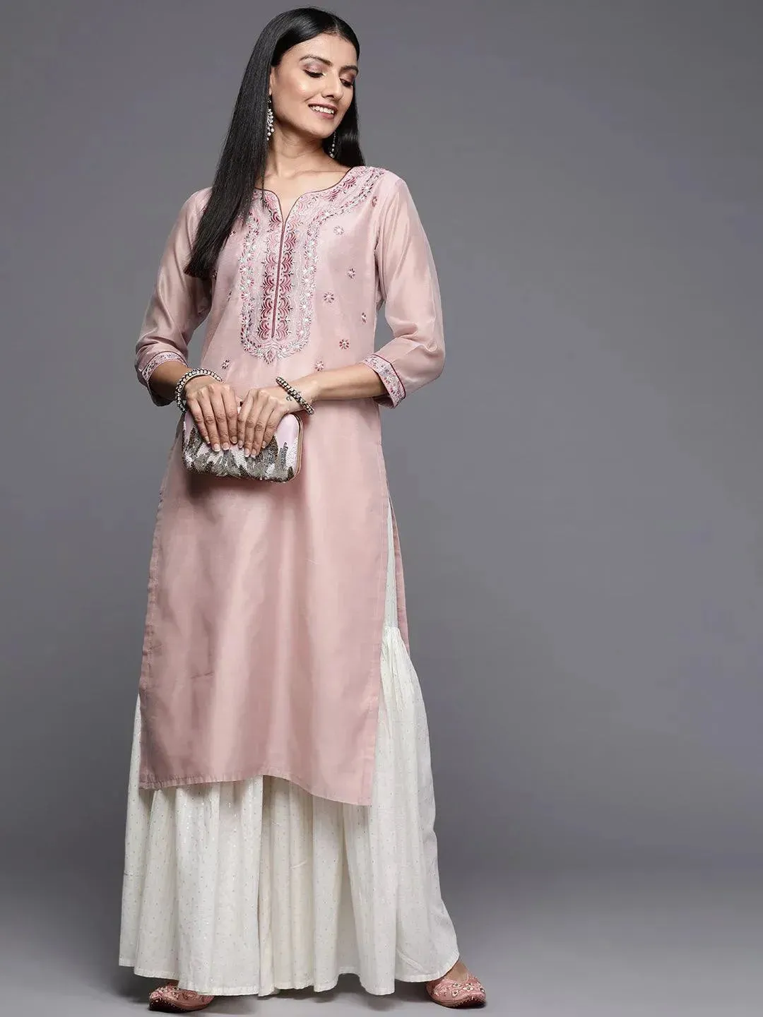 Pink Yoke Design Chanderi Cotton Straight Kurta