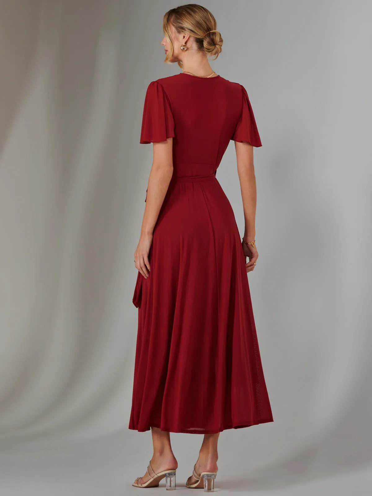 Plain Angel Sleeve Wrapped Maxi Dress, Brick Red