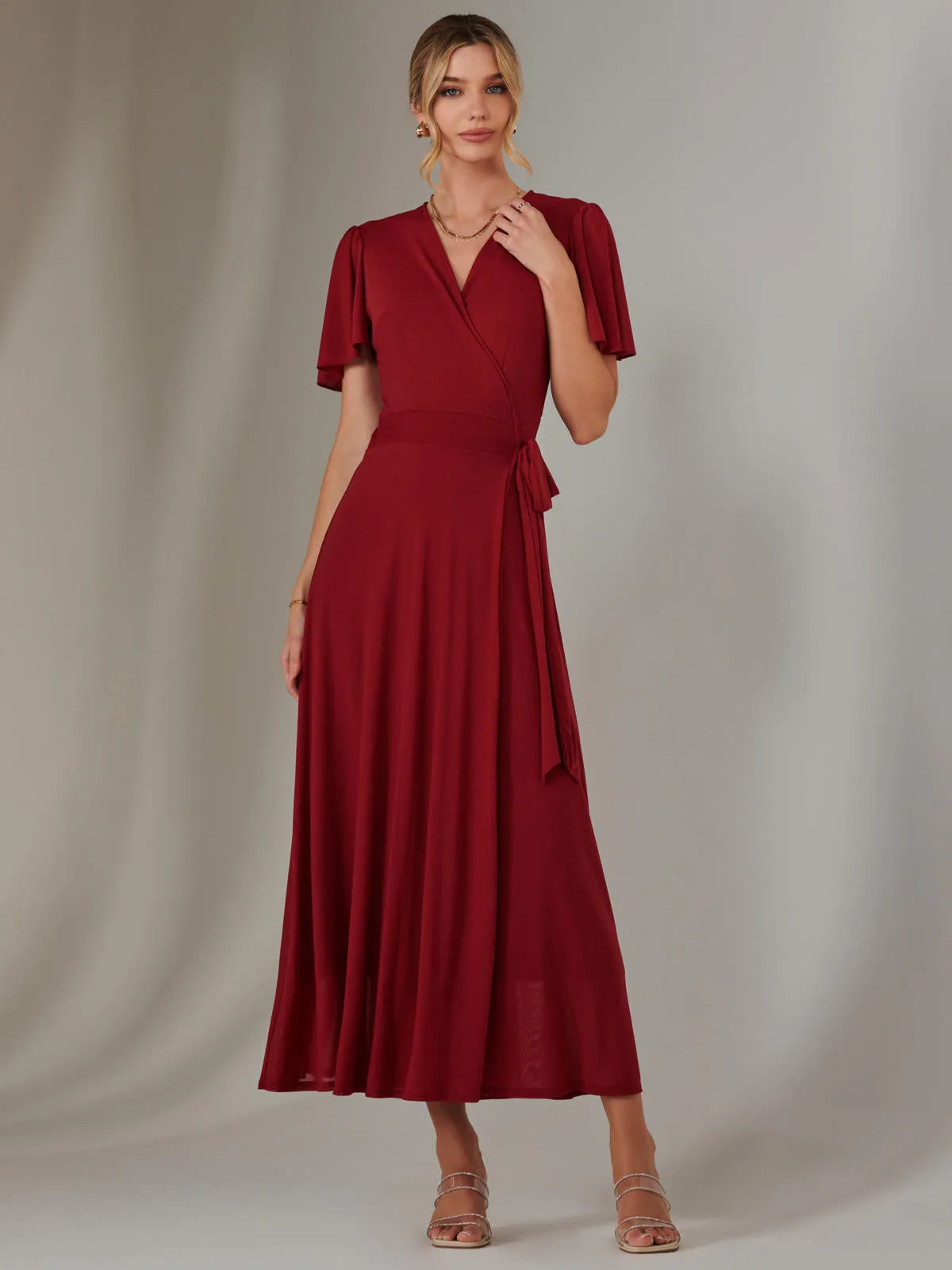 Plain Angel Sleeve Wrapped Maxi Dress, Brick Red