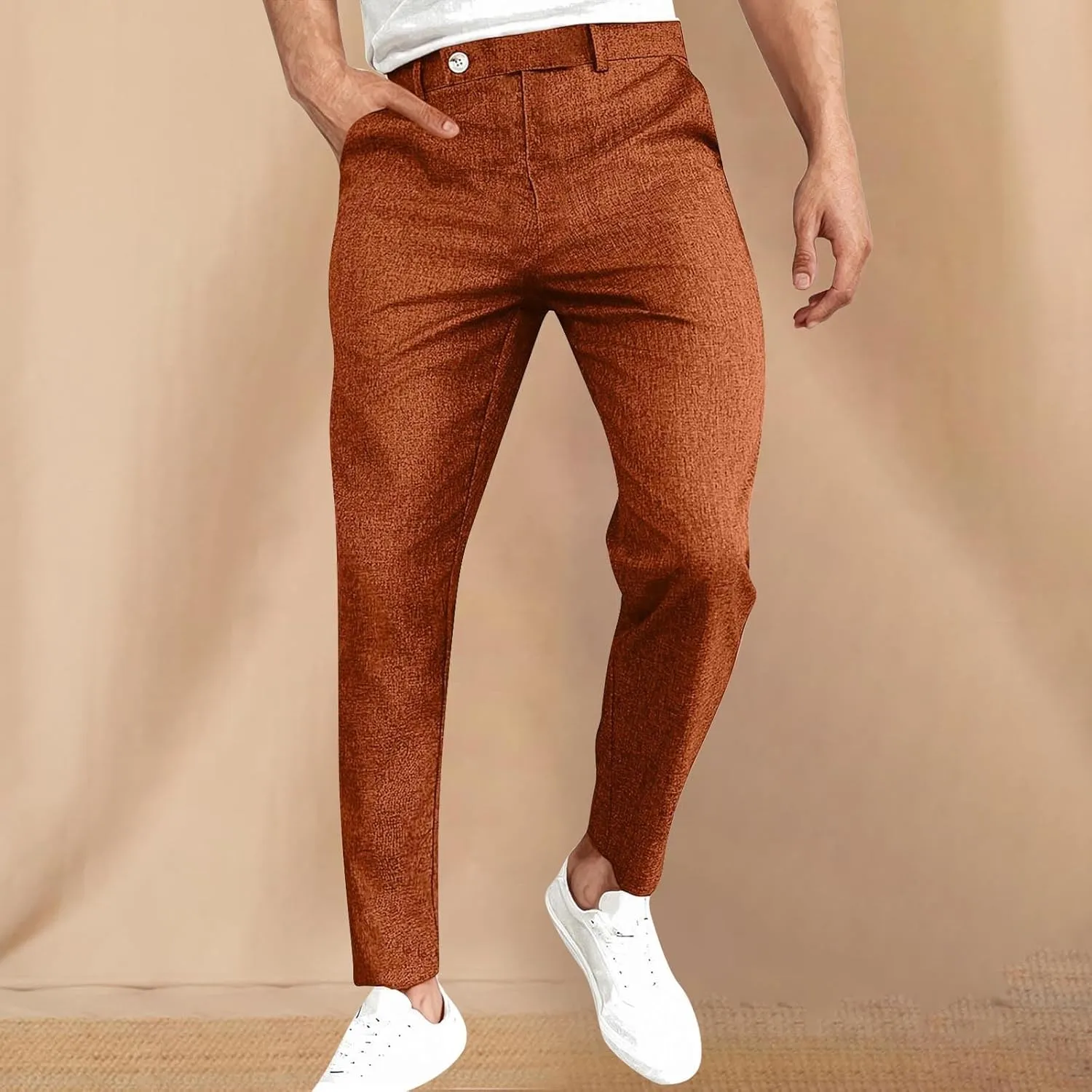 Plus Size Cotton Linen Pants Men's High Waist Tapered Leg Trousers with Pockets Casual Vintage Fashion Regular Pant