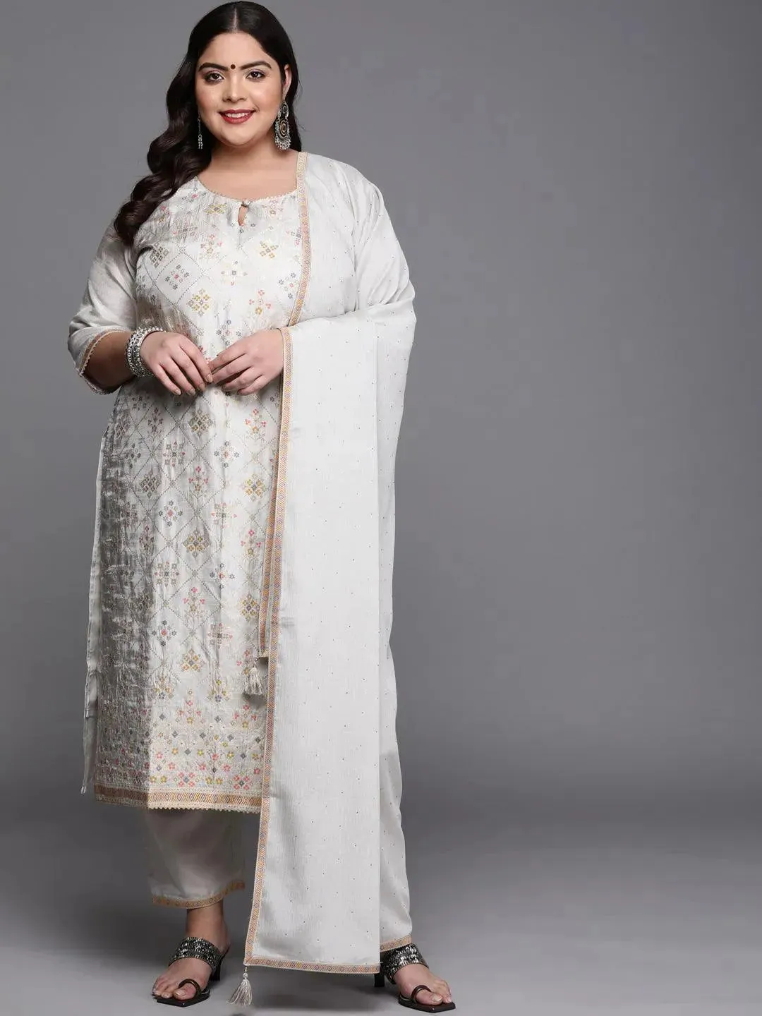 Plus Size Grey Woven Design Silk Blend Straight Kurta With Dupatta