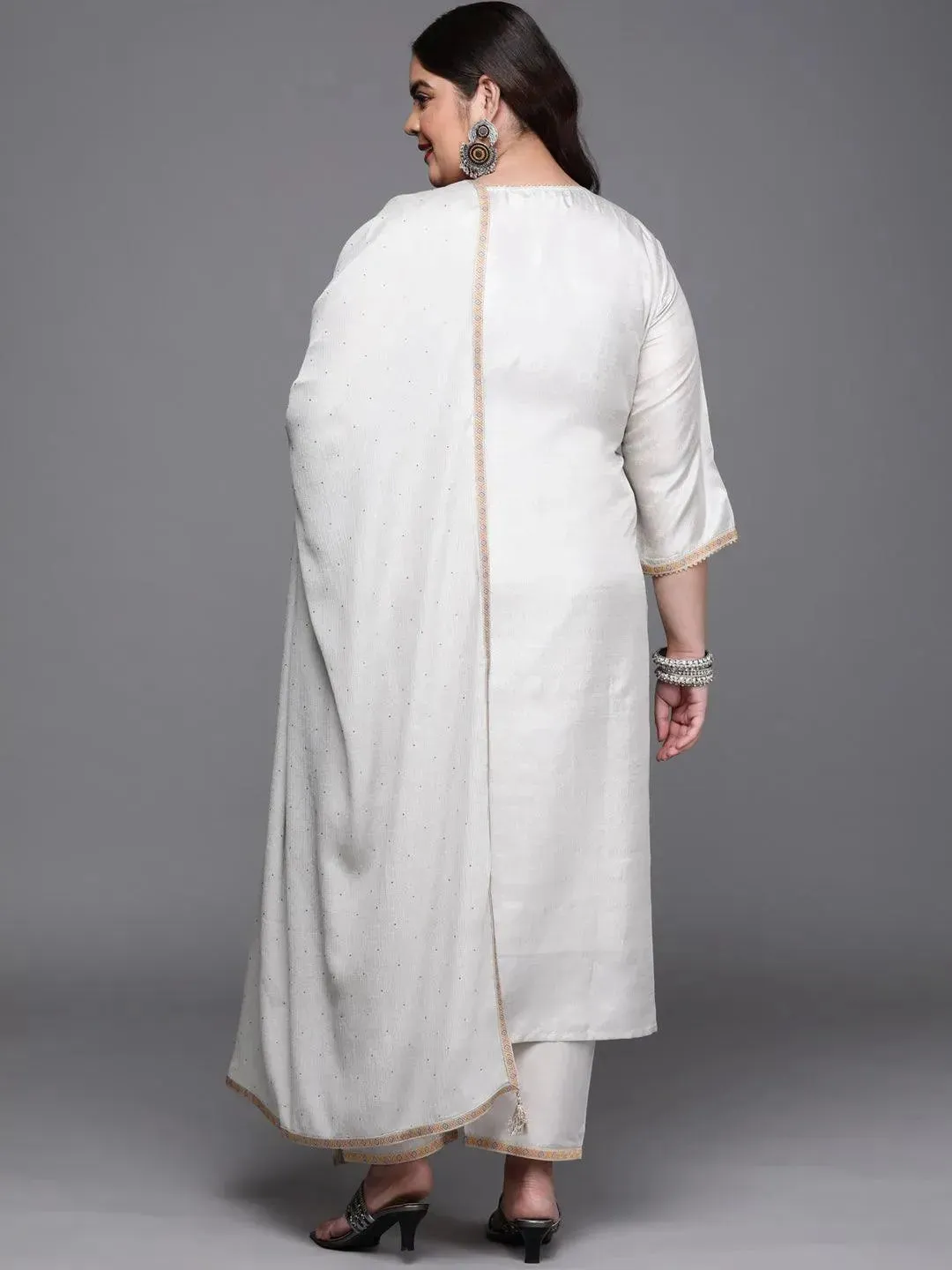 Plus Size Grey Woven Design Silk Blend Straight Kurta With Dupatta