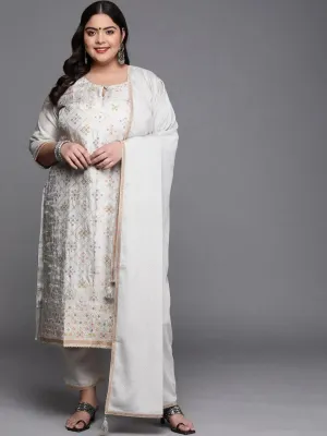Plus Size Grey Woven Design Silk Blend Straight Kurta With Dupatta