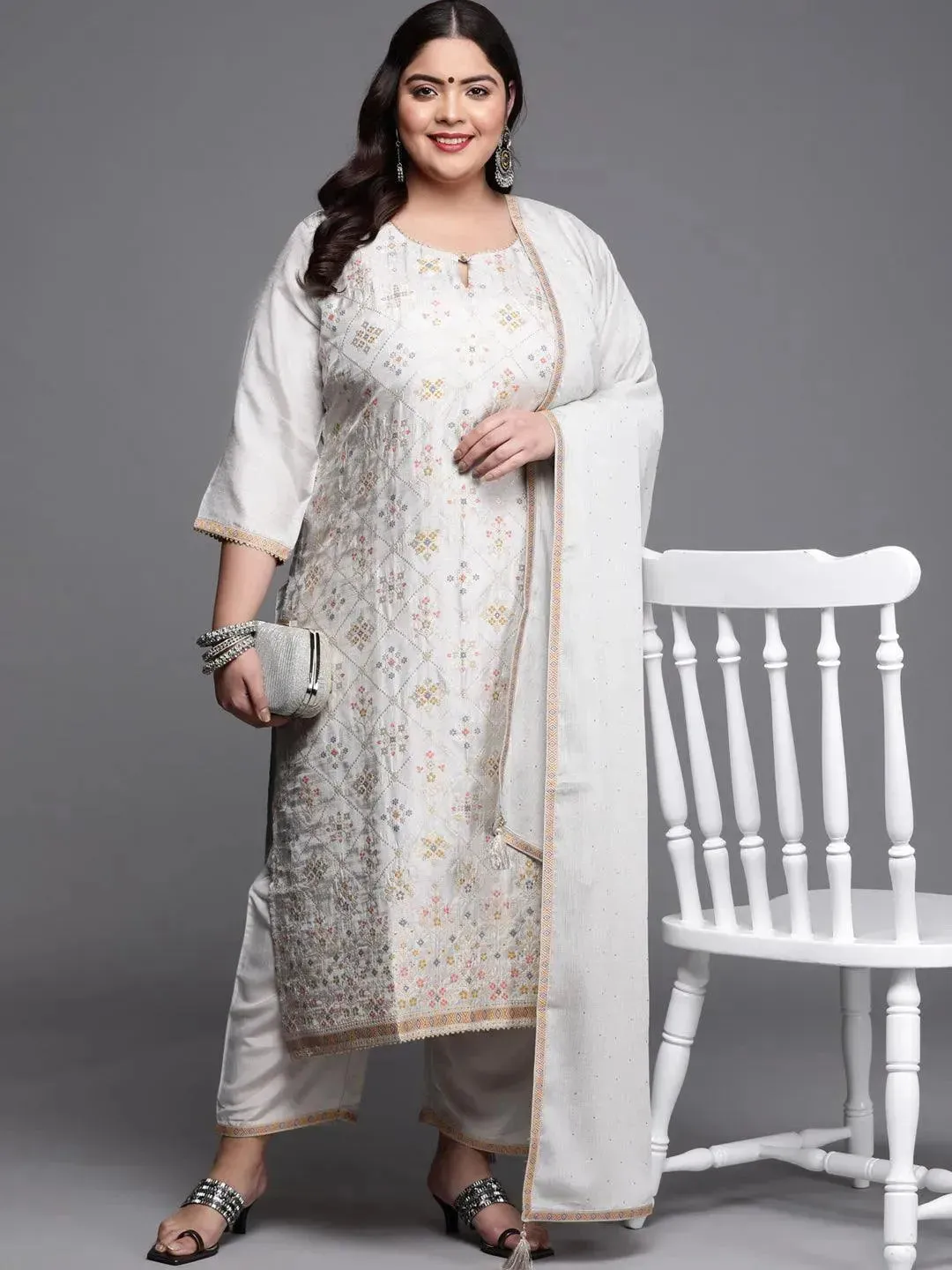 Plus Size Grey Woven Design Silk Blend Straight Kurta With Dupatta