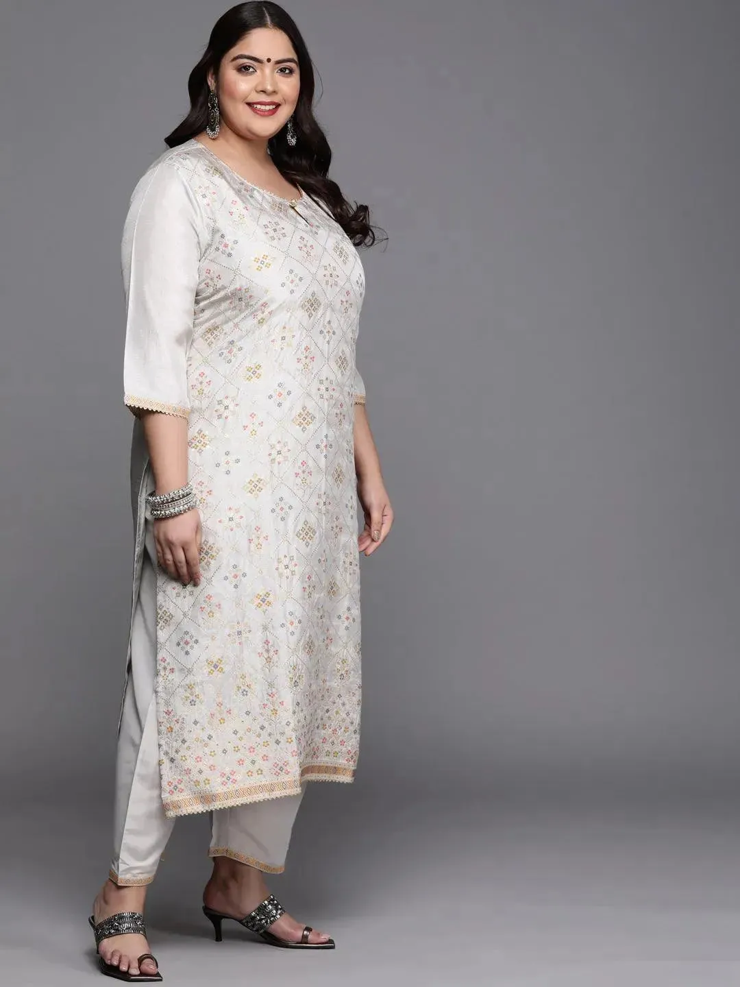 Plus Size Grey Woven Design Silk Blend Straight Kurta With Dupatta