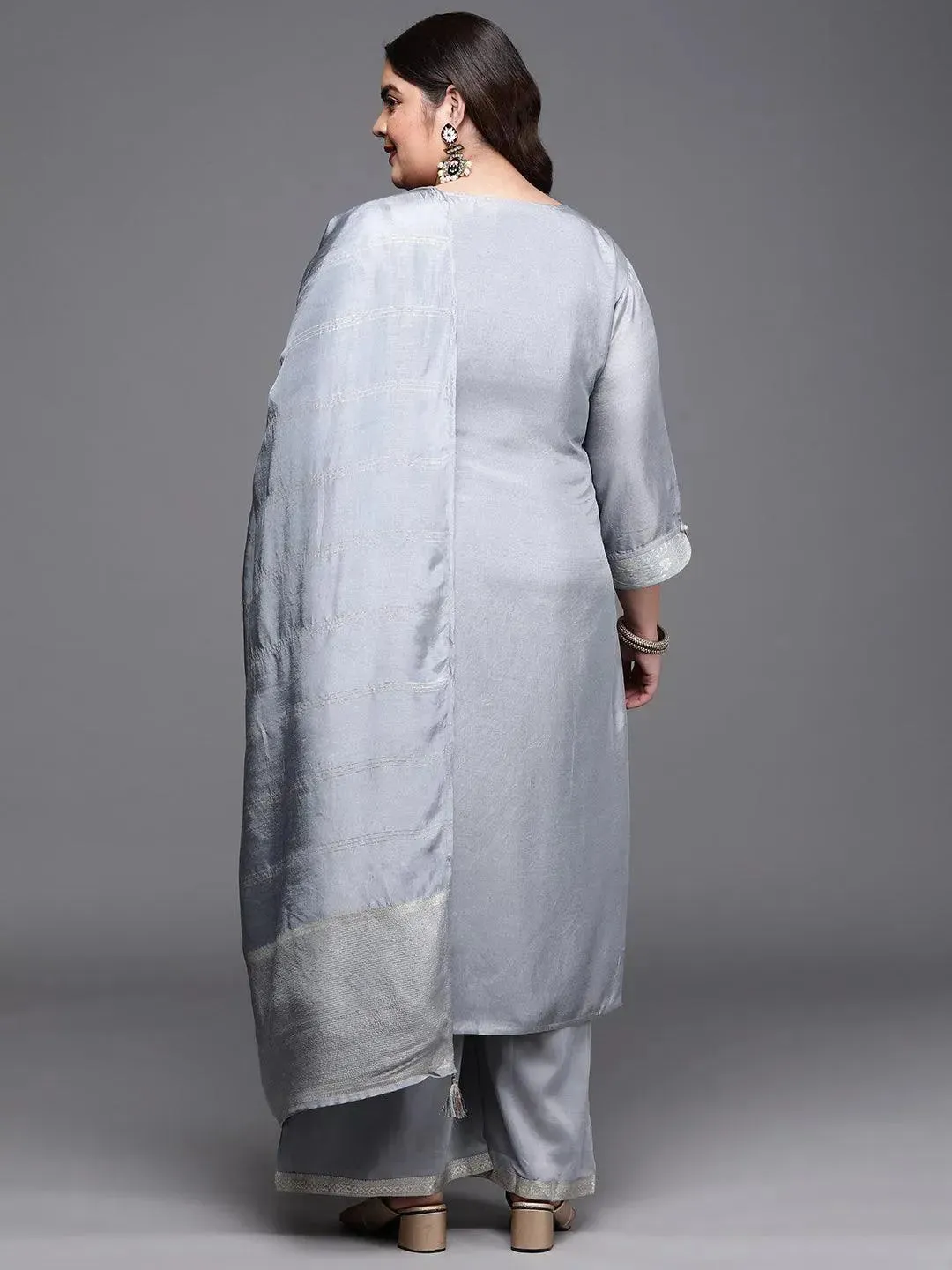 Plus Size Grey Woven Design Silk Blend Straight Kurta With Palazzos & Dupatta