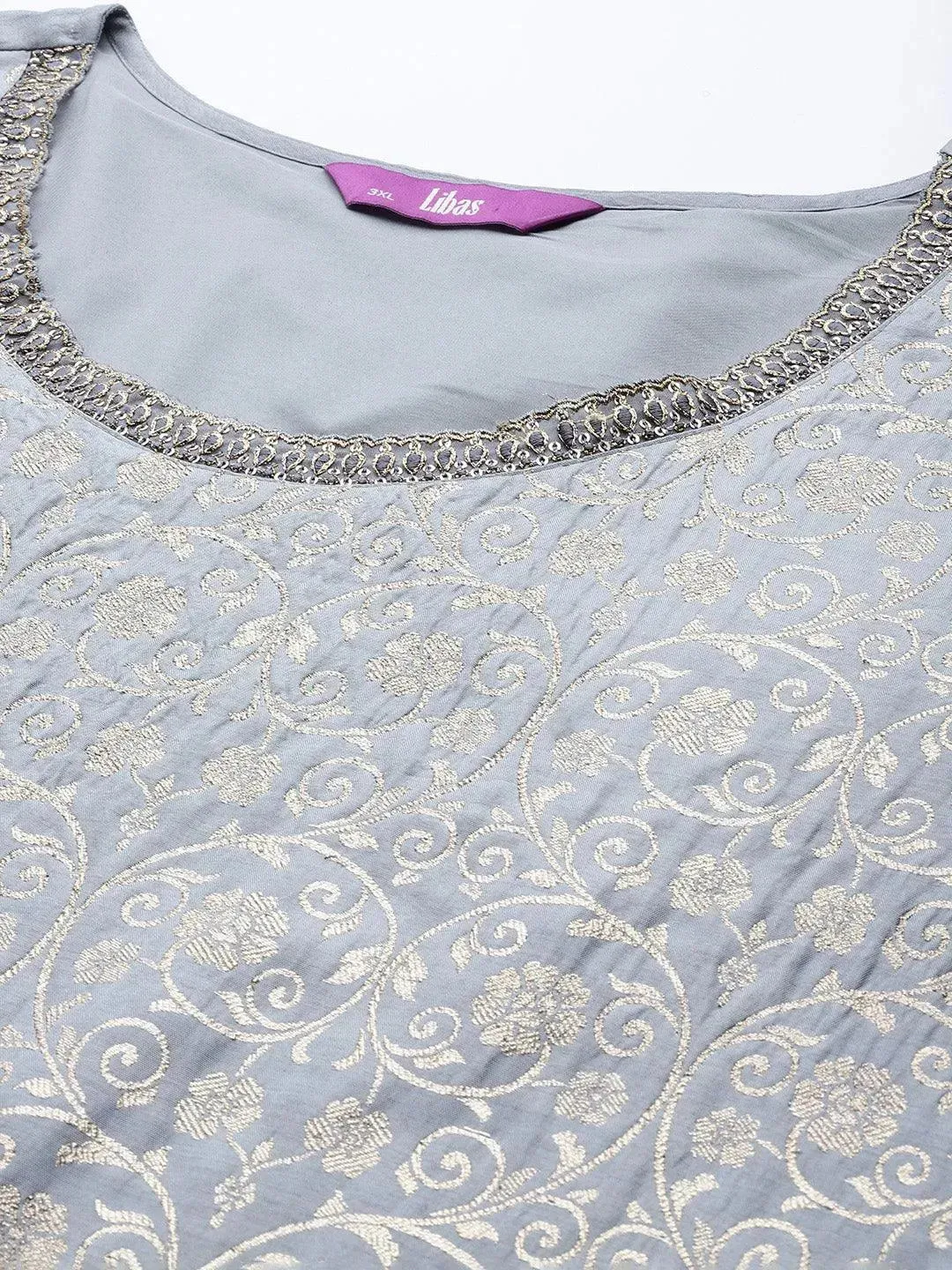 Plus Size Grey Woven Design Silk Blend Straight Kurta With Palazzos & Dupatta