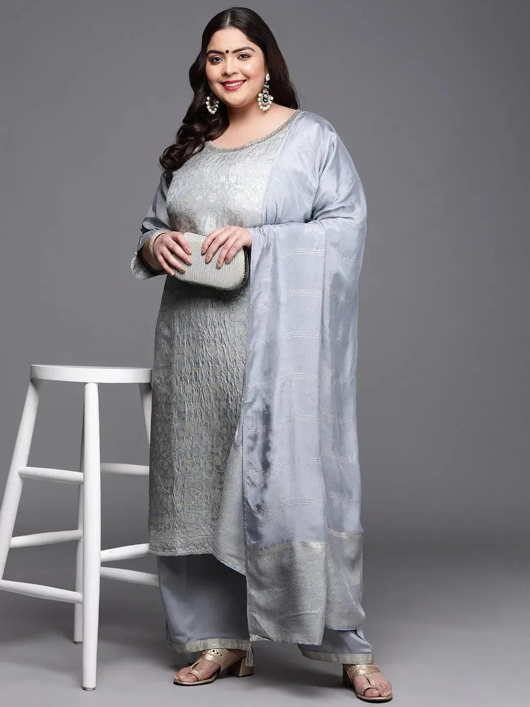 Plus Size Grey Woven Design Silk Blend Straight Kurta With Palazzos & Dupatta