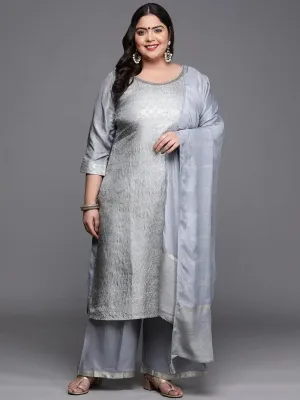 Plus Size Grey Woven Design Silk Blend Straight Kurta With Palazzos & Dupatta
